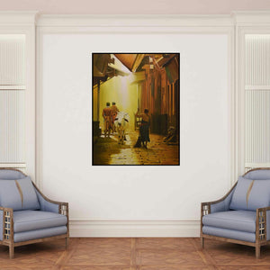 'Street Of Banaras (Sacred Streets)' painting by Kamal Rao shown on a wall in a furnished room.