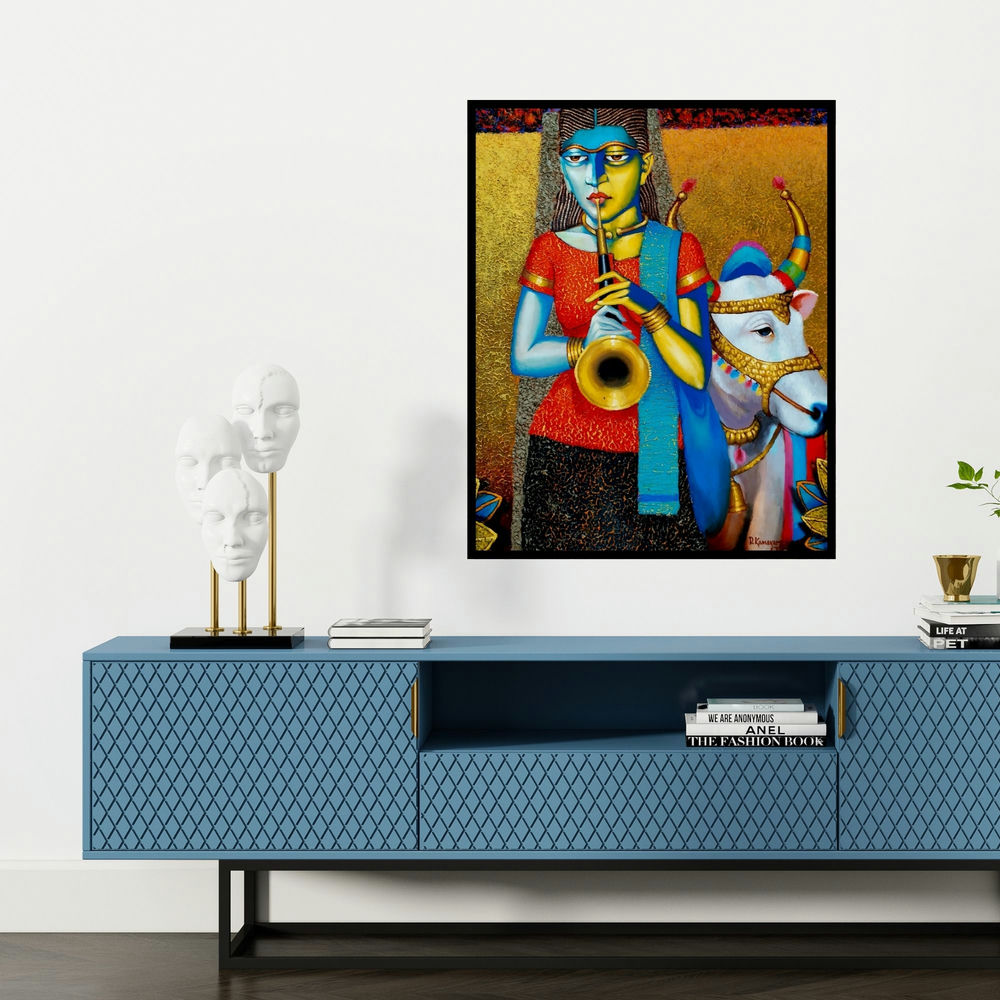 'Street Beggar (Woman with Cow)' painting by Dayanand Kamakar shown on a wall in a furnished room.