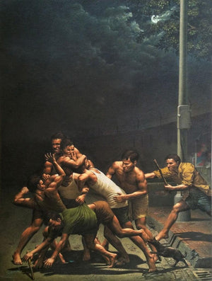 Street Fighting by Sanjay Sarfare, Original Postercolor Figurative Painting on Handmade Mount Board, Small Vertical Wall Art