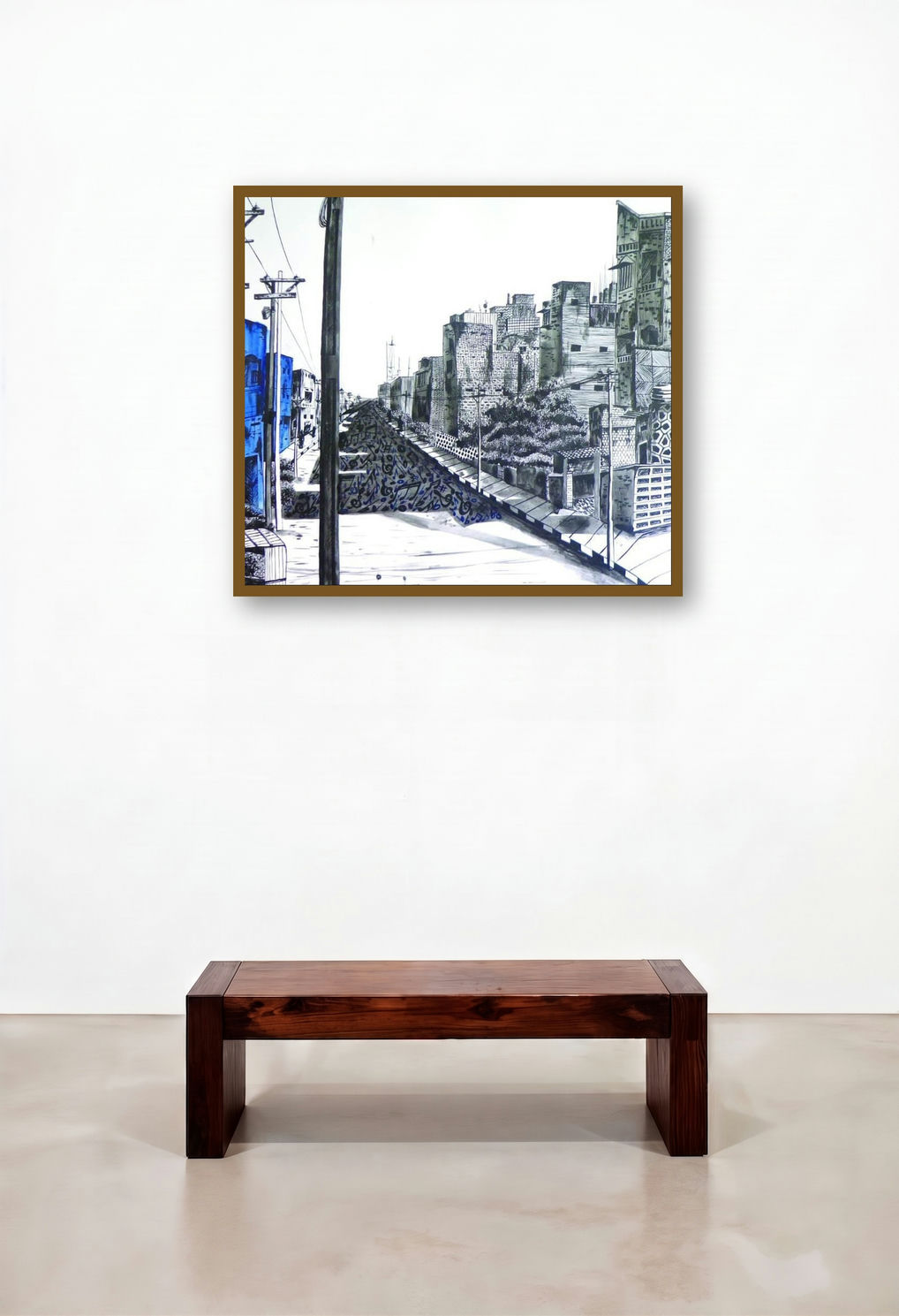 Street Of Music (Cityscape in Blue and Grey) by artist Divya Chinni displayed in a Traditional Reception Area