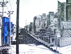 Street Of Music (Cityscape in Blue and Grey) by Divya Chinni, Original Acrylic Ink Contemporary Painting on Paper, Medium Horizontal Wall Art