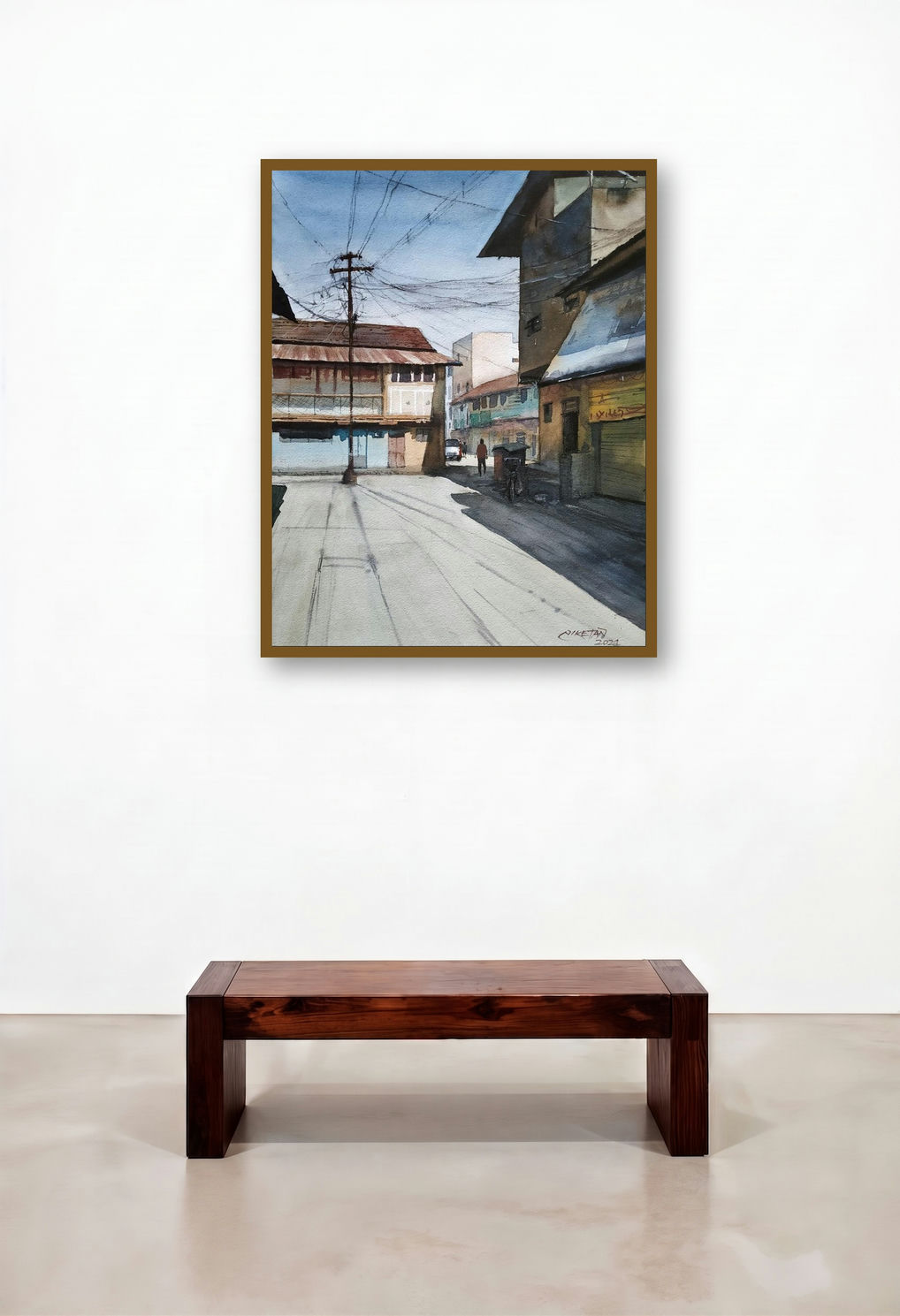 Street Of Village (Street Scene) by artist Niketan Bhalerao displayed in a Mid-Century Modern Library