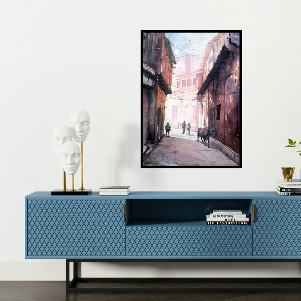 'Street Of Varanasi' painting by Amit Kapoor shown on a wall in a furnished room.