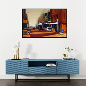Preview of 'Street View' Painting by Ekta Singha shown on a wall in a furnished room.