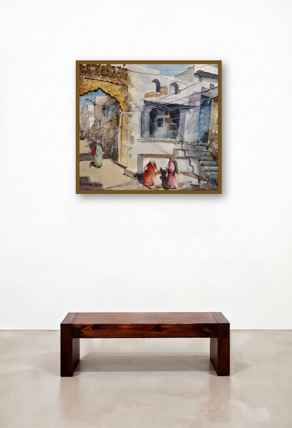 Streets Of Jodhpur (Life in the Blue City) by artist Mrutyunjaya Dash displayed in a Scandinavian Hotel Suite