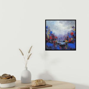 In-situ view of Purnendu Mandal's 'Strom In City' painting in a room