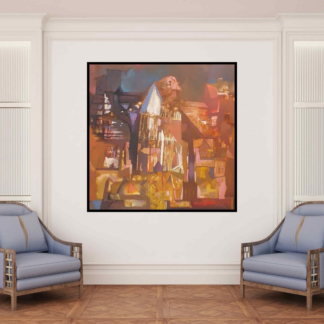 In-situ view of Somenath Maity's 'Structure 8 (City at Dusk)' painting in a room