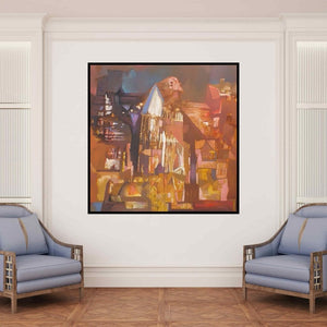 In-situ view of Somenath Maity's 'Structure 8 (City at Dusk)' painting in a room