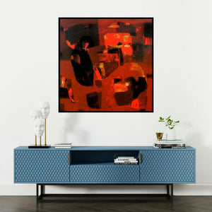 'Struggling Thoughts (Red and Black Abstract)' painting by Jayesh Borse shown on a wall in a furnished room.