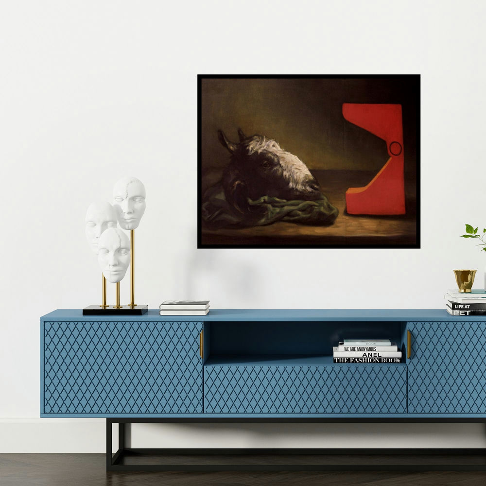 'Study Table (The Enigma)' painting by Aditya Puthur shown on a wall in a furnished room.