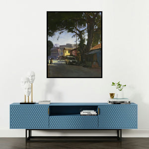 Manoj Deshmukh's 'Sublime Tree (Suburban Street)' painting visualized above a sofa in a contemporary room.