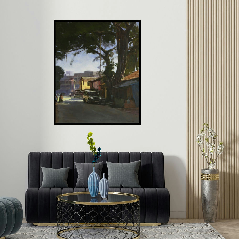 'Sublime Tree (Suburban Street)' painting by Manoj Deshmukh shown on a wall in a furnished room.