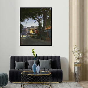 'Sublime Tree (Suburban Street)' painting by Manoj Deshmukh shown on a wall in a furnished room.