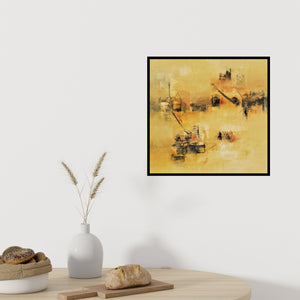 Preview of 'Subtle Ochre (Ochre Whispers)' Painting by Raju Durshettiwar shown on a wall in a furnished room.