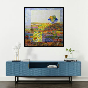 'Succulents (Bowl of Succulents)' painting by Shilpa Pachpor shown on a wall in a furnished room.