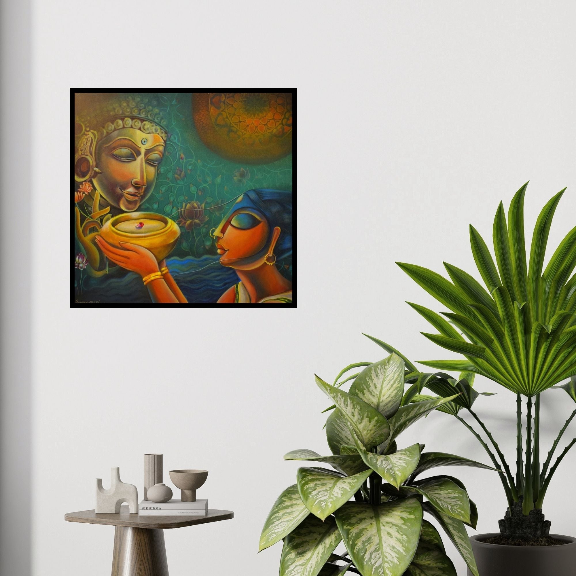 In-situ view of Sumon Naskar's 'Sujata (Offering to Buddha)' painting in a room