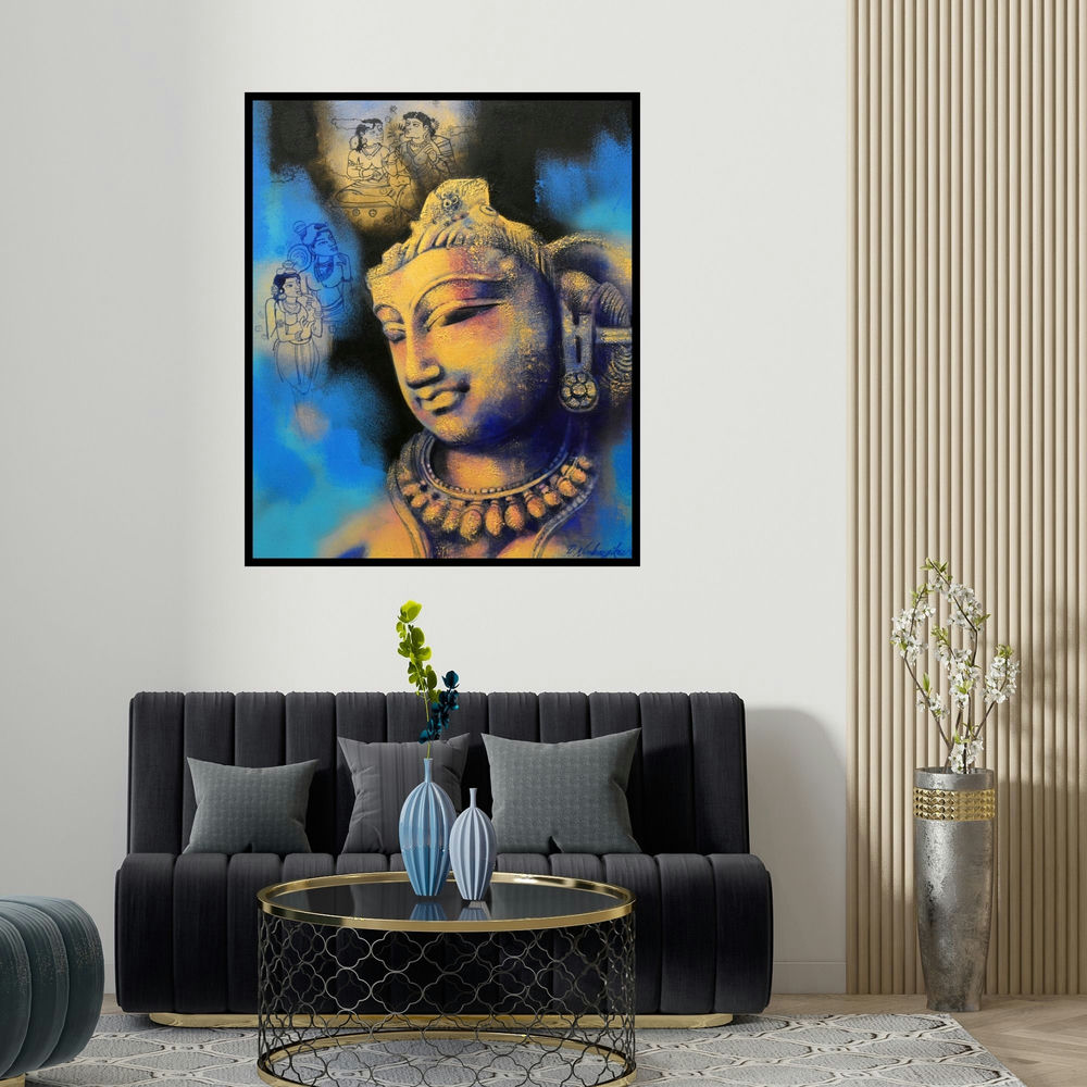 'Sukanya (Reflections of Divinity)' painting by Devendra Nimbargikar shown on a wall in a furnished room.