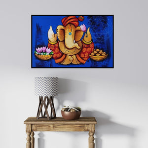 In-situ view of Paras Parmar's 'Sukhkarta 1 (The Auspicious One)' painting in a room