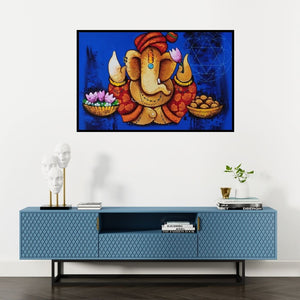 Preview of 'Sukhkarta 1 (The Auspicious One)' Painting by Paras Parmar shown on a wall in a furnished room.