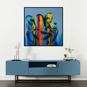 'Sukhkarta (Ganesha in Rainbow Hues)' painting by Paras Parmar shown on a wall in a furnished room.