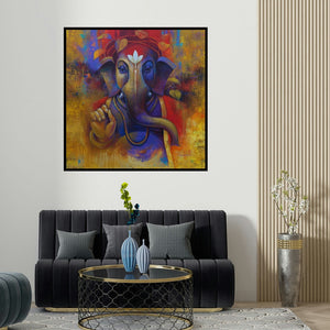 Sanjay Lokhande's 'Sumukh (Ganesh's Blessing)' painting visualized above a sofa in a contemporary room.