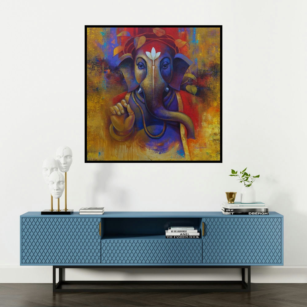 'Sumukh (Ganesh's Blessing)' painting by Sanjay Lokhande shown on a wall in a furnished room.