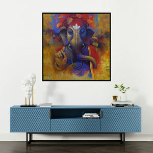 'Sumukh (Ganesh's Blessing)' painting by Sanjay Lokhande shown on a wall in a furnished room.
