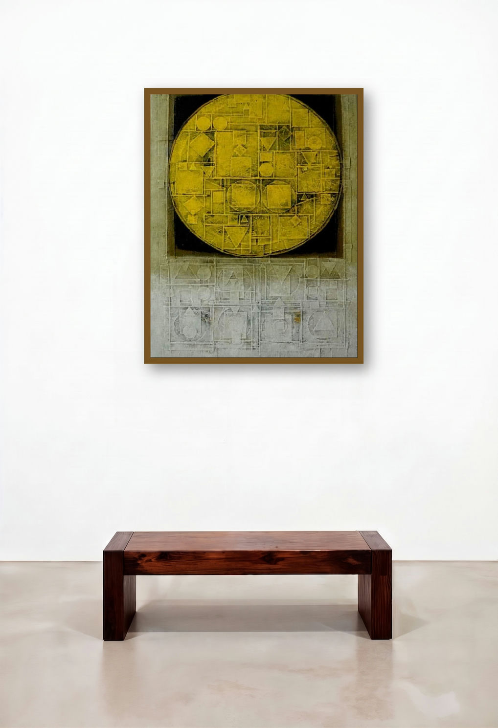 Sun (Sun: Yellow Acrylic Abstract Painting) by artist Basuki Dasgupta displayed in a Contemporary Bedroom