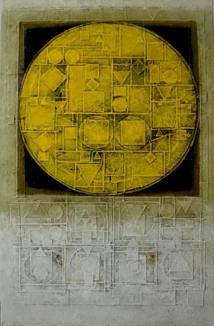 Abstract acrylic painting titled 'Sun', 48x30 inches, by artist Basuki Dasgupta on Canvas