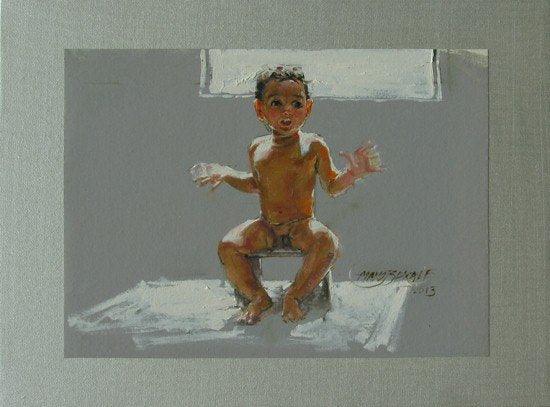 Figurative oil painting titled 'Sun Bath', 16x12 inches, by artist Manoj Sakale on Canvas