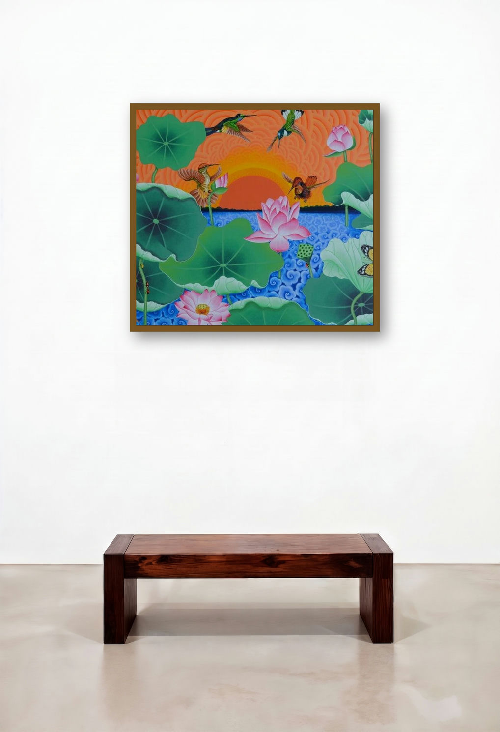 Sun Bird Are Playing In The Lotus Pond (Lotus Pond Symphony) by artist Ramu Das displayed in a Industrial Lounge