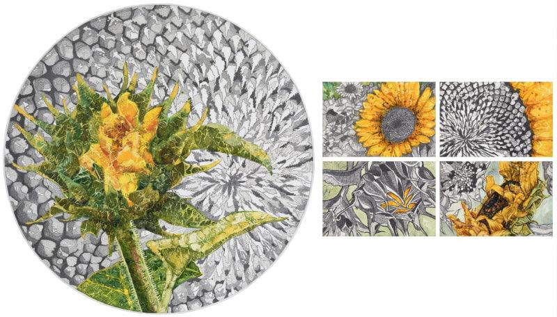 Nature mixed media painting titled 'Sun Flower Series', 32x32 inches, by artist Parvathi Nayar on MDF Board