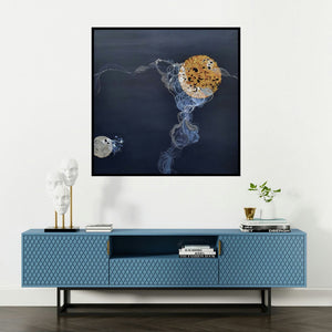 'Sun Set 3 (Celestial Ballet)' painting by Vanchha Dixit shown on a wall in a furnished room.