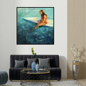 Surabhi Gulwelkar's 'Sunbath' painting visualized above a sofa in a contemporary room.