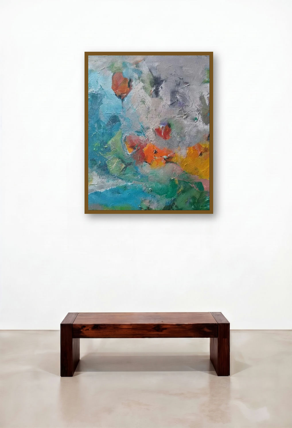 Sunflower Bloom (Abstract Floral in Grey and Blue) by artist Jayshree Savani displayed in a Urban Loft Family Room