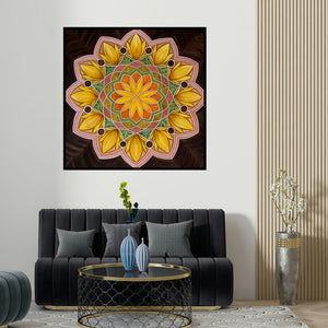 Manju Lamba's 'Sunflower Mandala (Golden Sunrise Mandala)' painting visualized above a sofa in a contemporary room.