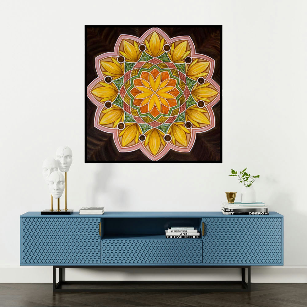 'Sunflower Mandala (Golden Sunrise Mandala)' painting by Manju Lamba shown on a wall in a furnished room.