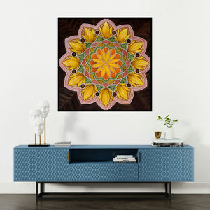 'Sunflower Mandala (Golden Sunrise Mandala)' painting by Manju Lamba shown on a wall in a furnished room.