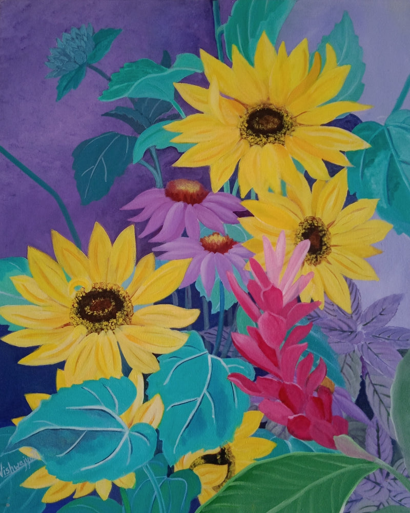 'Sunflowers' nature acrylic painting by artist Vishwajyoti Mohrhoff, 30x23 inch, on canvas