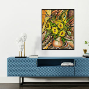 'Sunflowers In A Vase' painting by Manju Lamba shown on a wall in a furnished room.