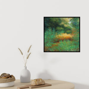 Preview of 'Sunny Day (Forest Clearing)' Painting by Vimal Chand shown on a wall in a furnished room.