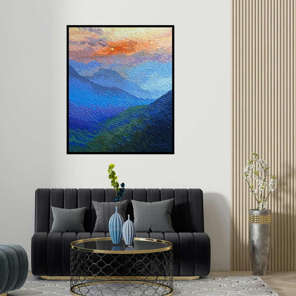 'Sunrise (Golden Hour)' painting by Shraddha More shown on a wall in a furnished room.