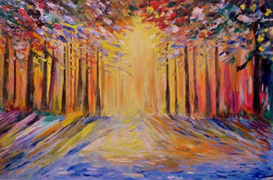 Sunrise (Radiant Pathway) by Kiran Bableshwar, Original Oil Impressionist Painting on Canvas, Small Horizontal Wall Art