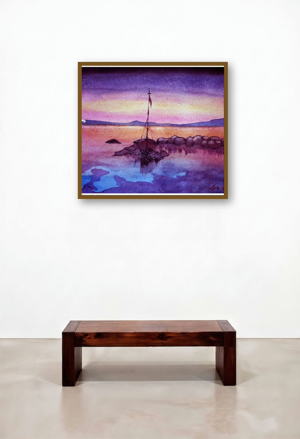 Sunrise At Lake Tahoe Sierra Nevada Cali (Twilight Mooring) by artist Arunava Ray displayed in a Contemporary Luxury Library
