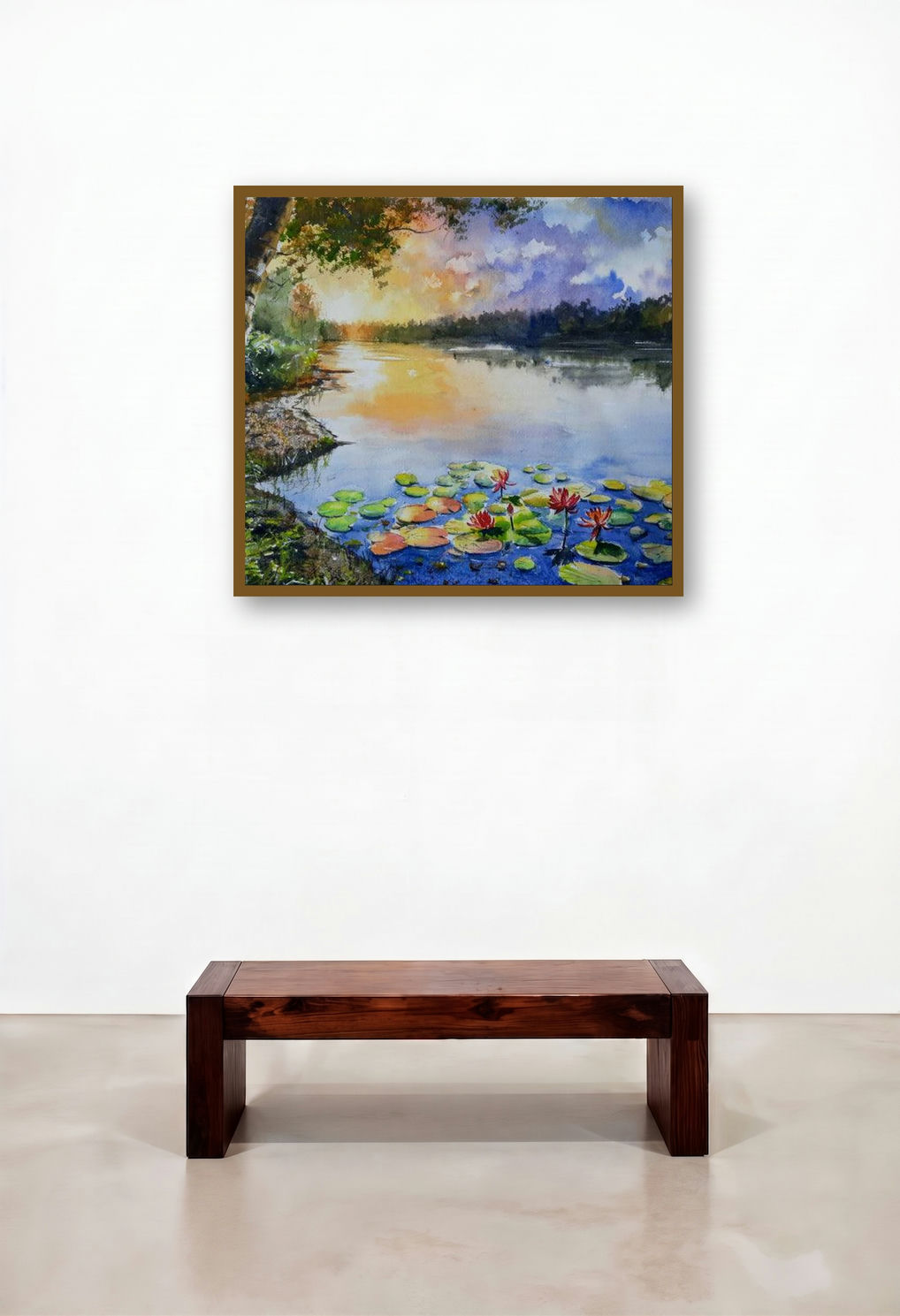 Sunsetlilies (Serene Sunset) by artist Lasya Upadhyaya displayed in a Luxury Hotel Suite
