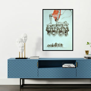 'Support (The Triumph of Good)' painting by Chaitanya Ingle shown on a wall in a furnished room.