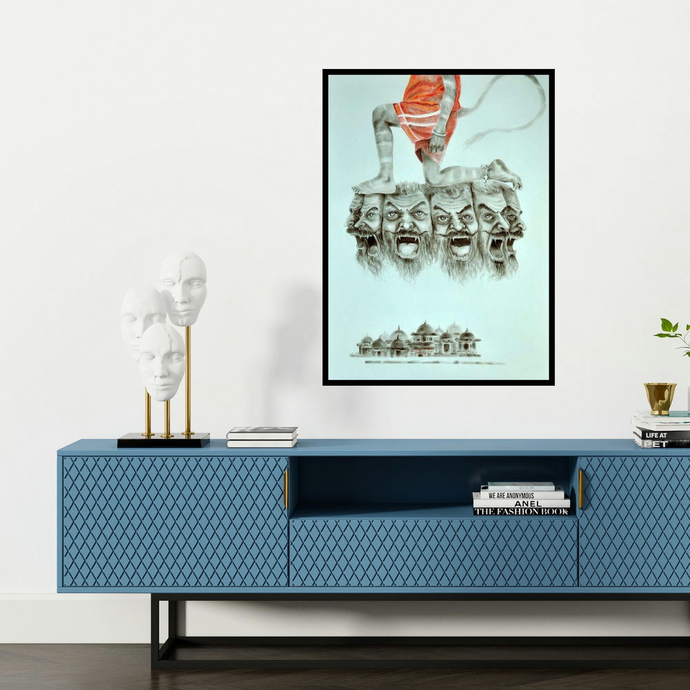 'Support (The Triumph of Good)' painting by Chaitanya Ingle shown on a wall in a furnished room.