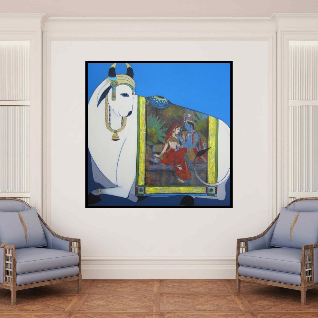 In-situ view of Ashok Rathod's 'Surabhi (Holy Bull with Radha Krishna)' painting in a room