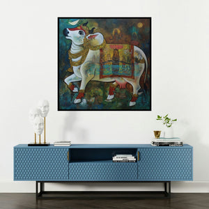 'Surabhi (Nandi: The Divine Bull)' painting by N P Rajeshwarr shown on a wall in a furnished room.