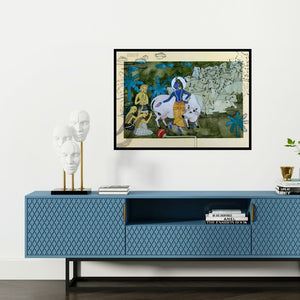Preview of 'Surabhi (Divine Cowherd)' Painting by Yojana Dehankar shown on a wall in a furnished room.